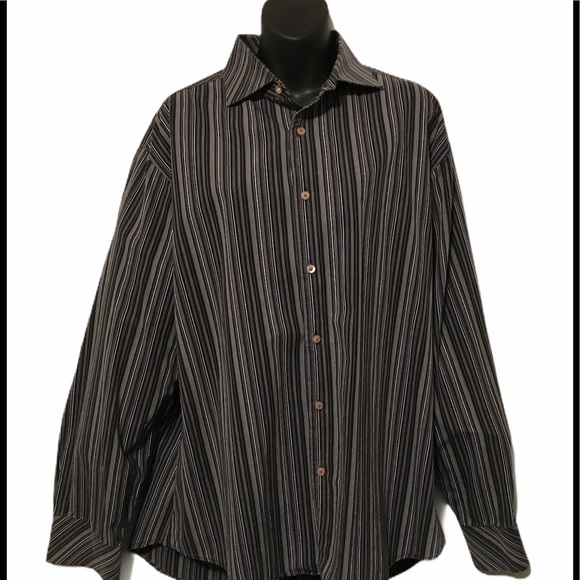 Bachrach Striped Dress Shirt 100% Cotton button front black gray white Size L - Picture 5 of 9